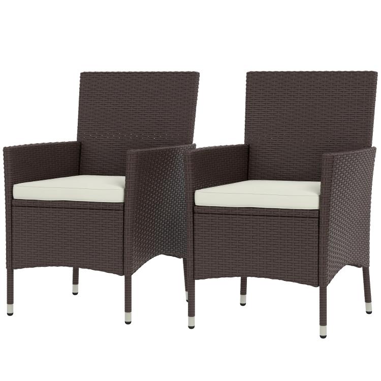 Set of 2 dark coffee wicker outdoor dining chairs with white seat cushions and armrests