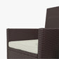 Close-up of dark coffee woven wicker outdoor chair arm and seat cushion