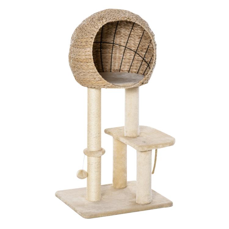 Beige cat tree with sisal scratching post condo and hanging rope