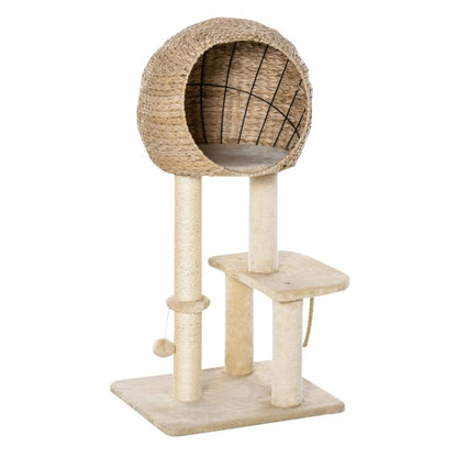 Beige cat tree with sisal scratching post condo and hanging rope