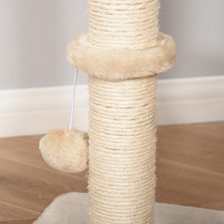 Beige cat scratching post with sisal-wrapped post and hanging rope ball at side