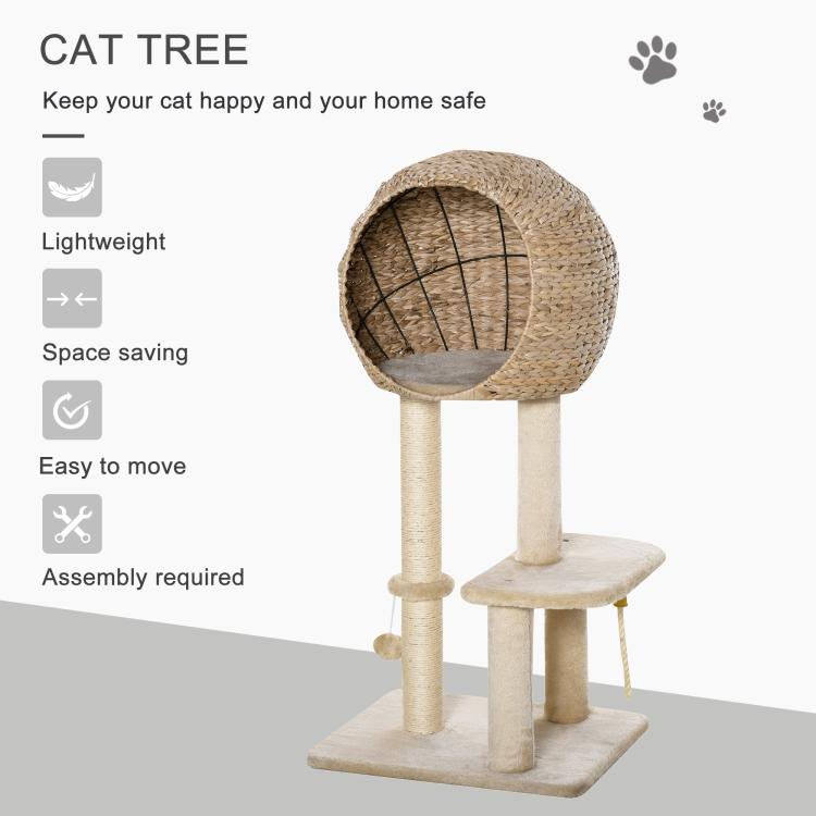 Beige cat tree with sisal condo, scratching posts, and hanging rope on infographic