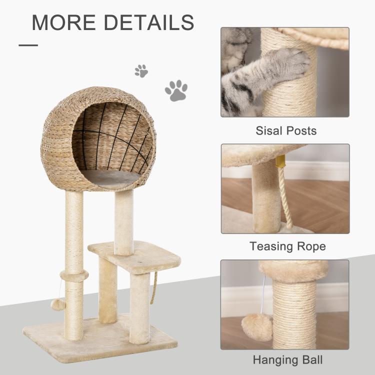 Beige cat tree with sisal posts and hanging ball, condo and platforms shown