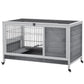 Wooden indoor pet hutch with wire mesh door, enclosed side panels, and rolling wheels