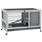 Indoor wooden rabbit hutch with enclosed run, wire panels, and caster wheels