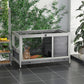 Elevated wooden hutch with wire front, gray solid wall panels, and lockable entry door