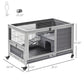 Wooden rabbit hutch with enclosed run, wire mesh front, and top grid with wheels
