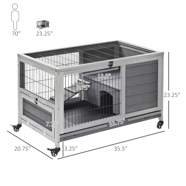 Wooden rabbit hutch with enclosed run, wire mesh front, and top grid with wheels