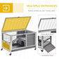 Wooden pet hutch with openable roof panel and lockable door, plus rolling wheels
