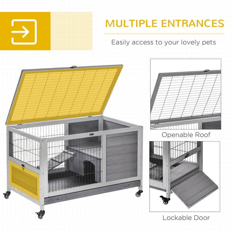 Wooden pet hutch with openable roof panel and lockable door, plus rolling wheels