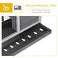 Wooden hutch with dark plastic tray under wire pen for easier cleaning