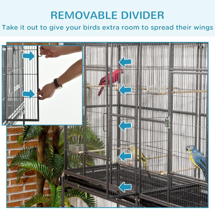 Metal bird cage with removable divider and perches inside