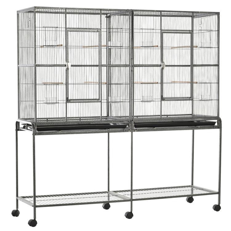 Rolling metal bird cage with two doors and bottom storage shelf on wheels
