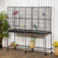 Rolling bird cage with storage shelf, wire enclosure and wooden perches, multiple birds inside