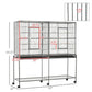 Rolling bird cage with storage shelf and wire enclosure, shown with size dimensions