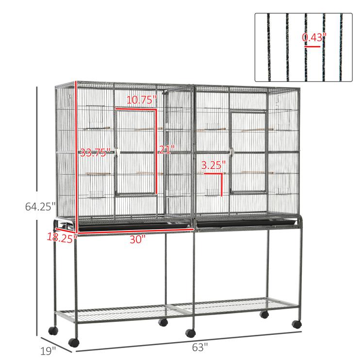 Rolling bird cage with storage shelf and wire enclosure, shown with size dimensions