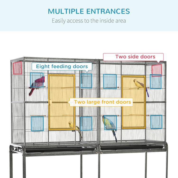 Bird cage door layout with multiple front and side entry points