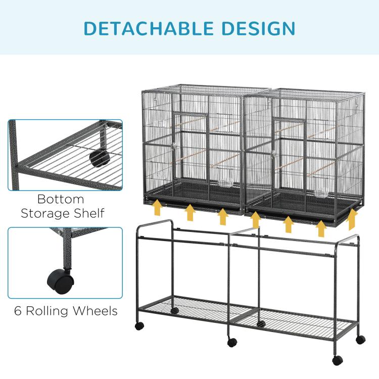 Rolling bird cage with detachable bottom storage shelf and 6 caster wheels
