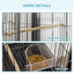 Bird cage with wooden perches and feed cups, shown with seeds in compartments