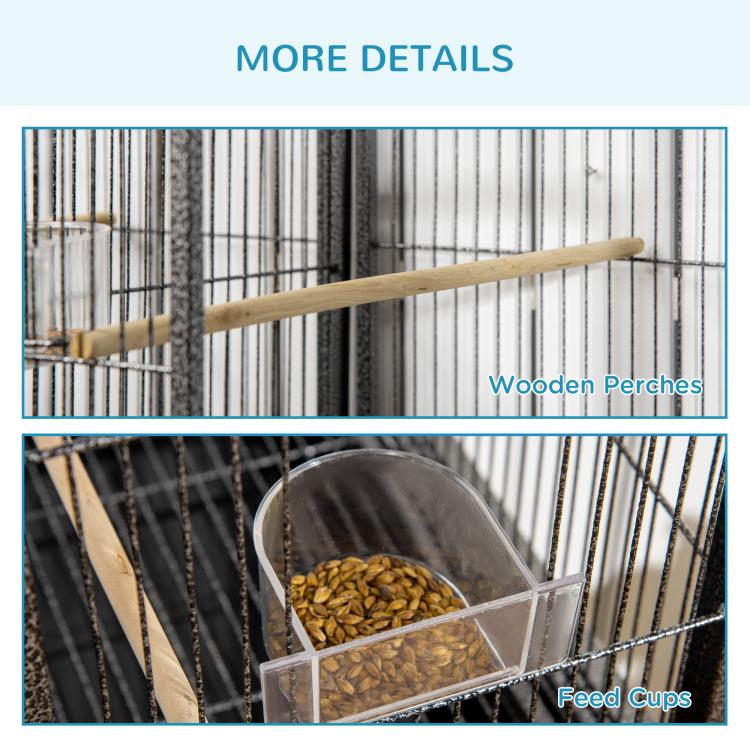 Bird cage with wooden perches and feed cups, shown with seeds in compartments