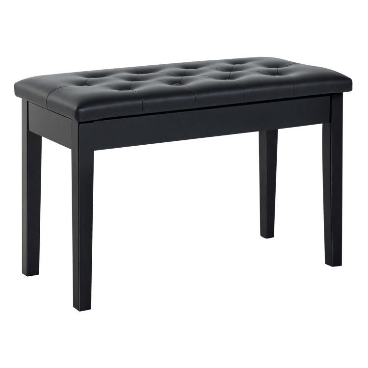 Black faux leather piano bench with tufted padded cushion and square wooden legs