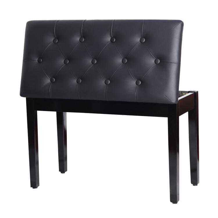 Black button-tufted piano bench with upholstered back-style top and wooden legs