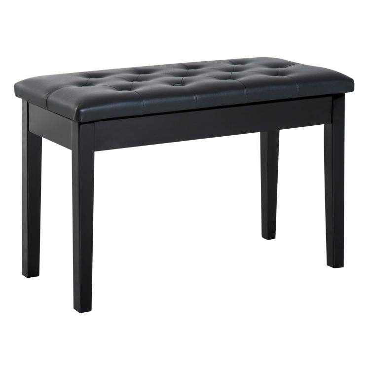 Black button-tufted padded piano bench with wooden legs