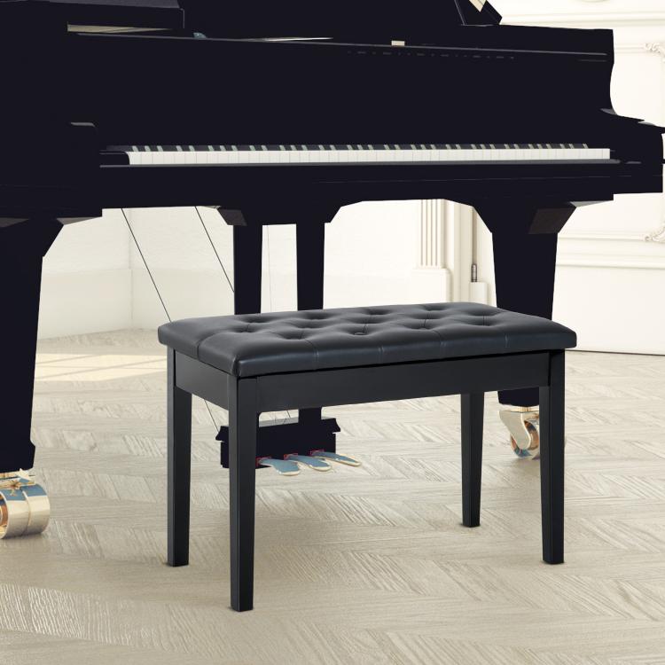 Black tufted piano bench with faux leather seat and sturdy wooden frame