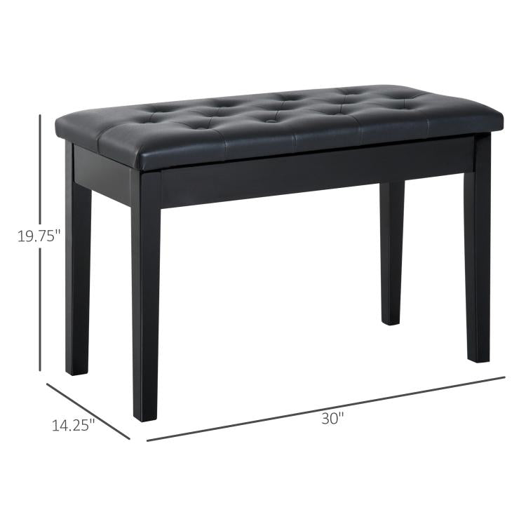 Black tufted piano bench with padded faux leather seat and wooden legs