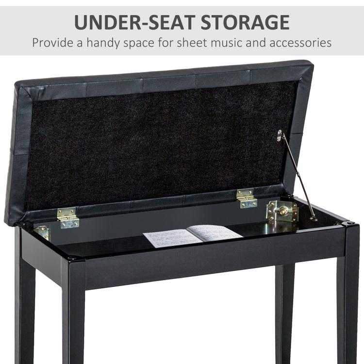 Black piano bench with under-seat storage compartment and hinged lid