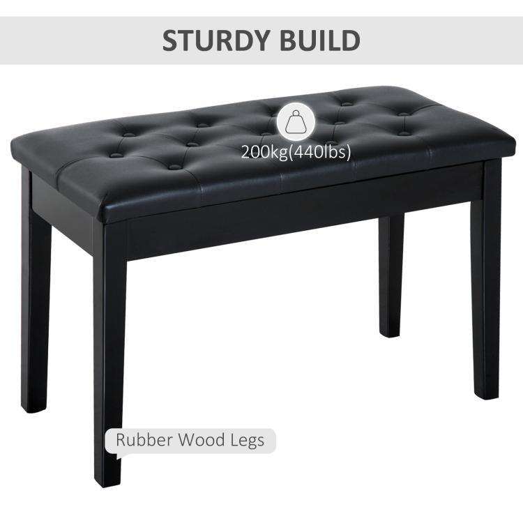 Black tufted piano bench with cushioned seat and rubber wood legs