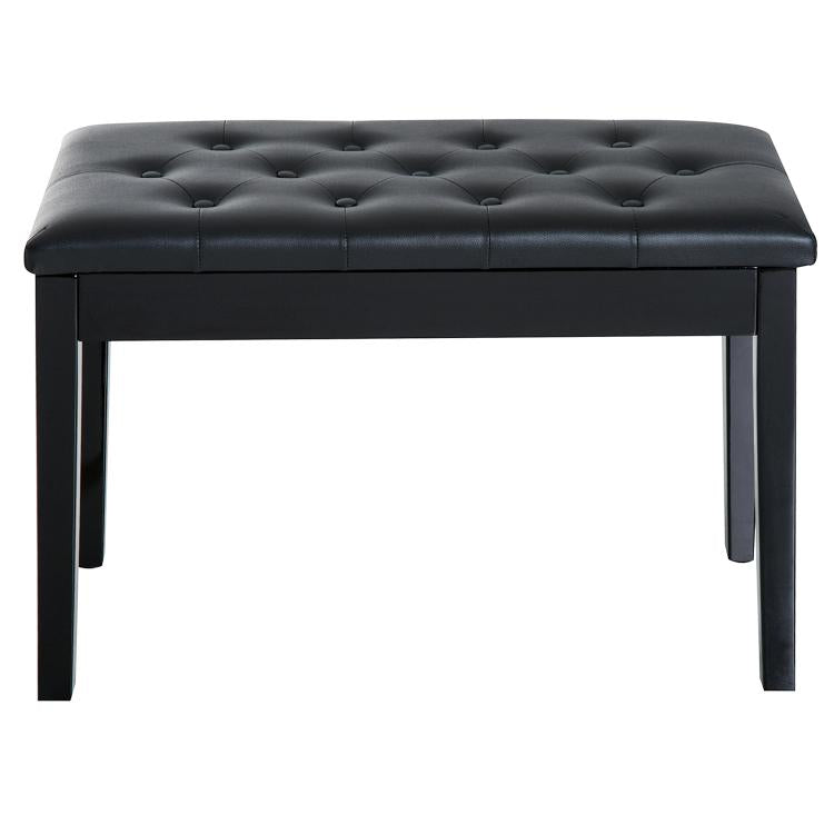 Black cushioned piano bench with tufted seat and four straight wooden legs