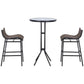 Two gray bar height bistro stools with curved sling seats and round glass table