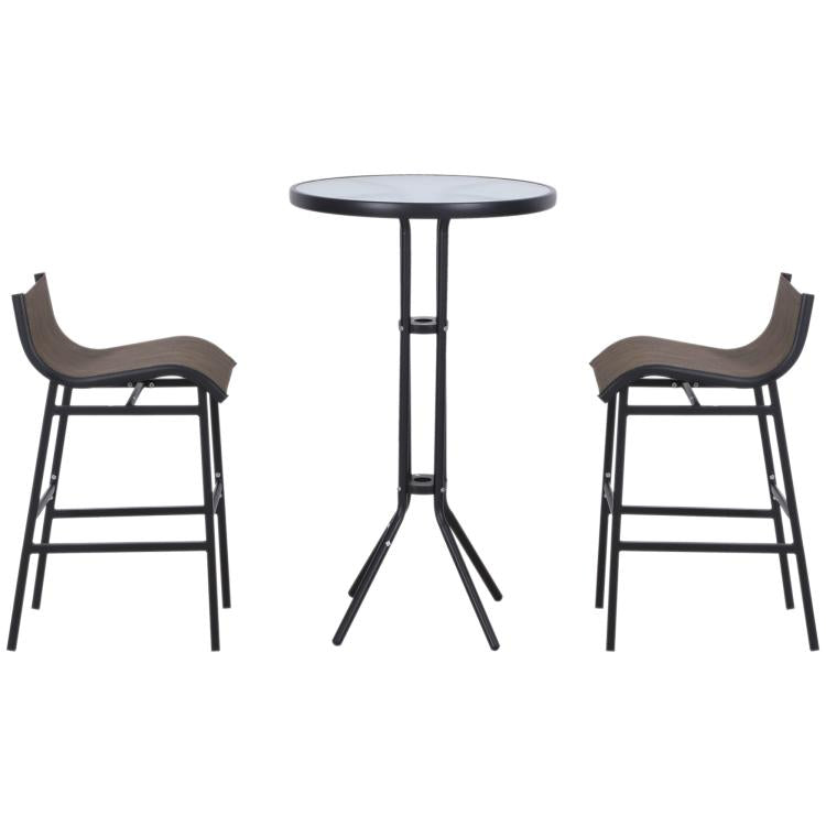 Two gray bar height bistro stools with curved sling seats and round glass table