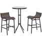 Outdoor bistro set with round bar table and two black bar stools with mesh seats