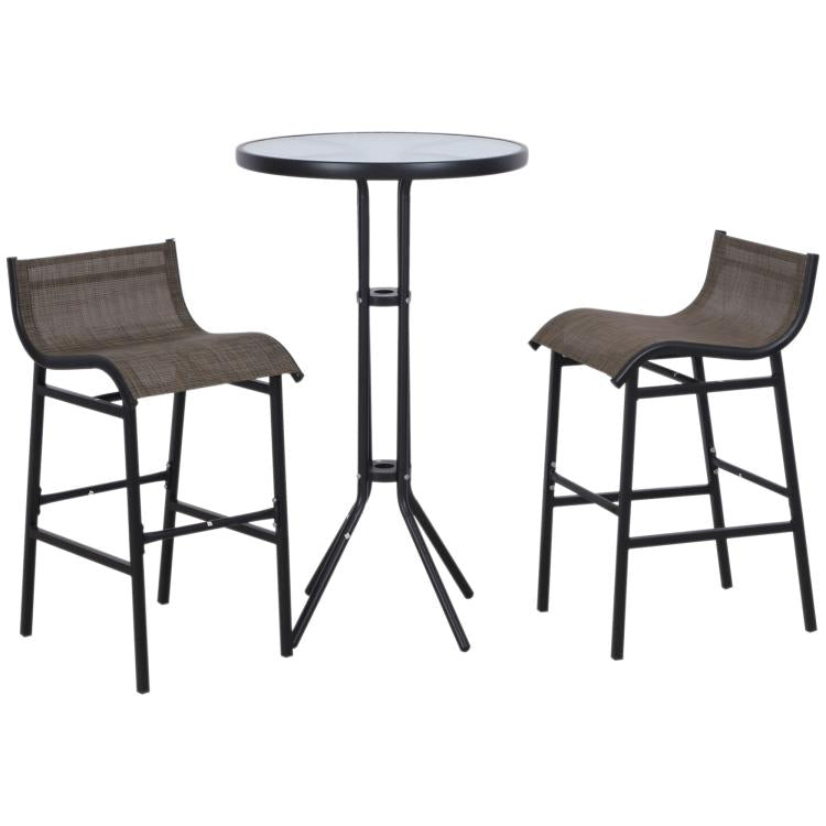 Outdoor bistro set with round bar table and two black bar stools with mesh seats