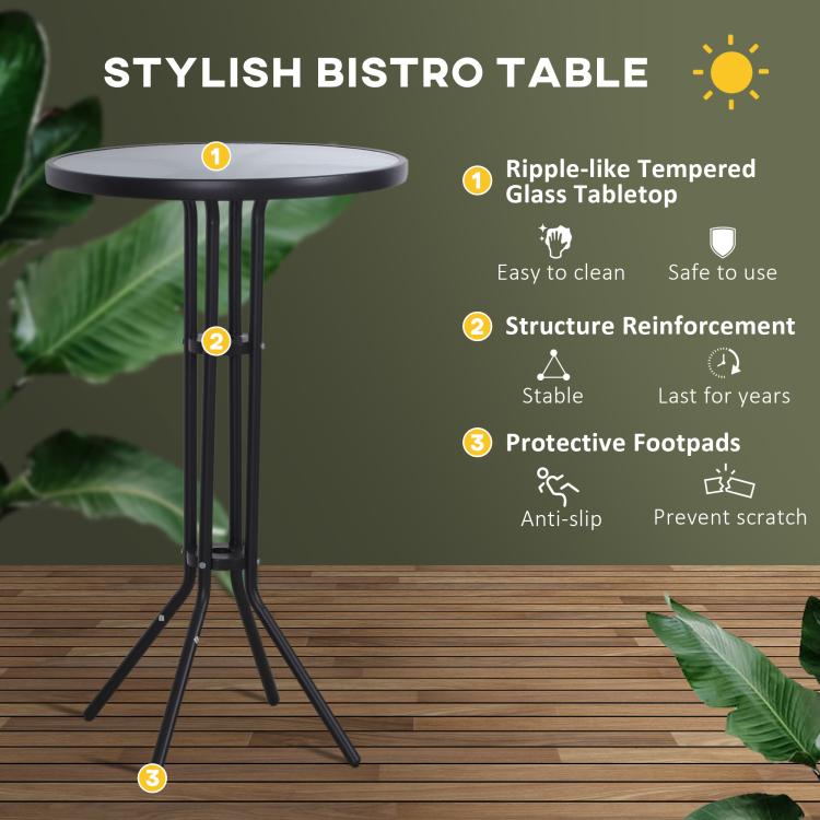 Round glass bistro bar table with black stand and protective footpads