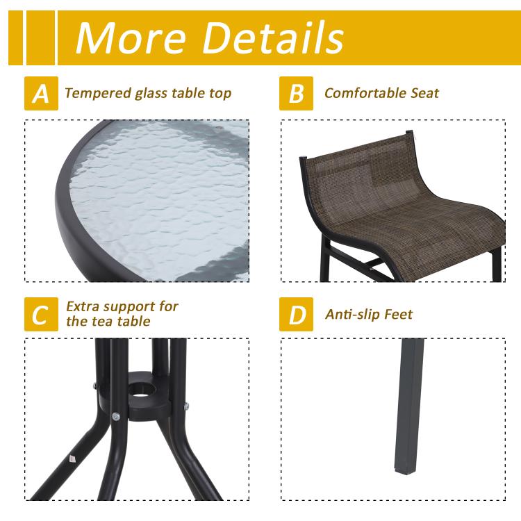 Tempered glass round table top, gray sling seat, and anti-slip feet