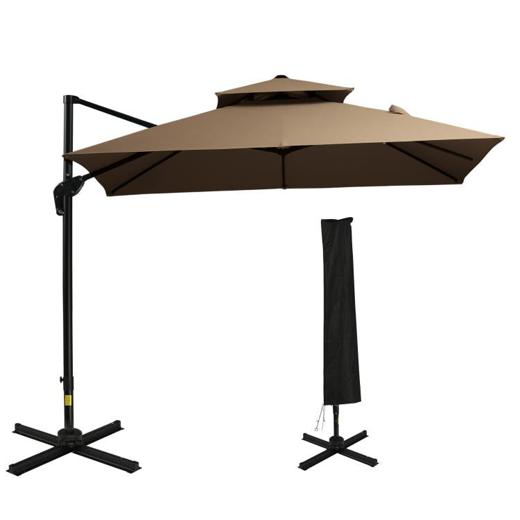 Coffee brown cantilever patio umbrella with black pole, cross base, and black cover