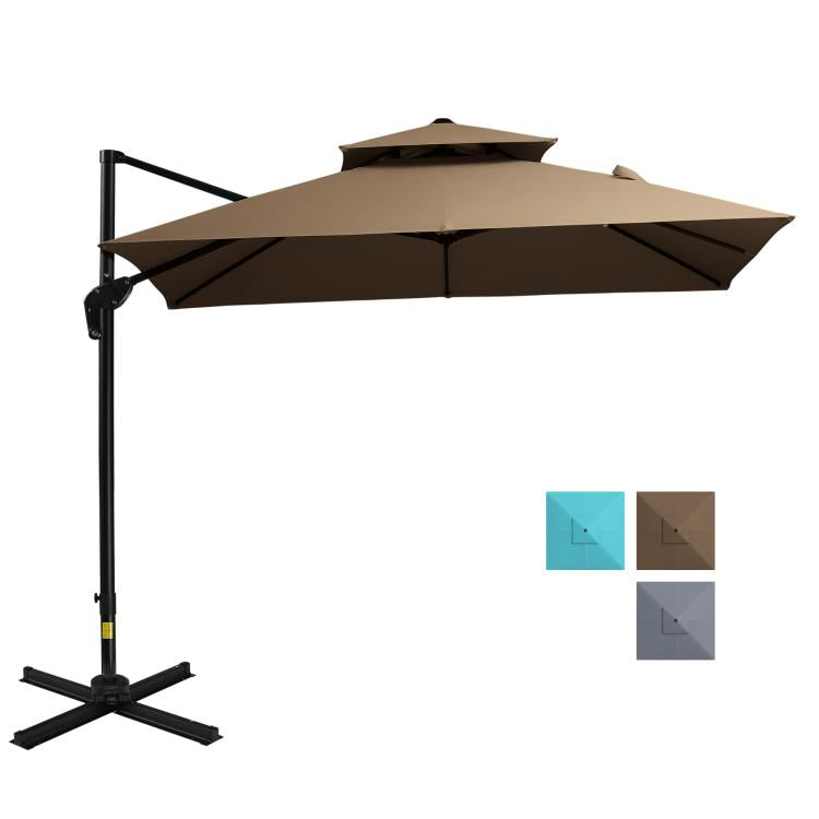 Coffee offset cantilever patio umbrella with cross base and double canopy