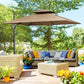Coffee brown cantilever patio umbrella open over outdoor lounge furniture