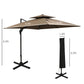 Coffee brown cantilever patio umbrella with base and hanging cover, with size labels