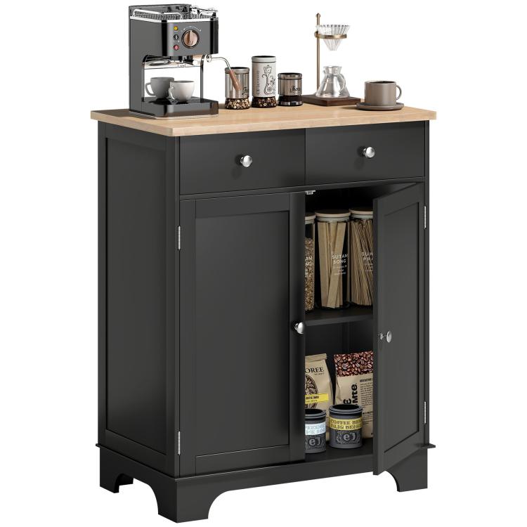 Black kitchen sideboard cabinet with light wood top; open doors reveal shelves and storage