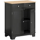 Black floor cabinet with wood top; open adjustable shelf behind doors; 2 drawers.
