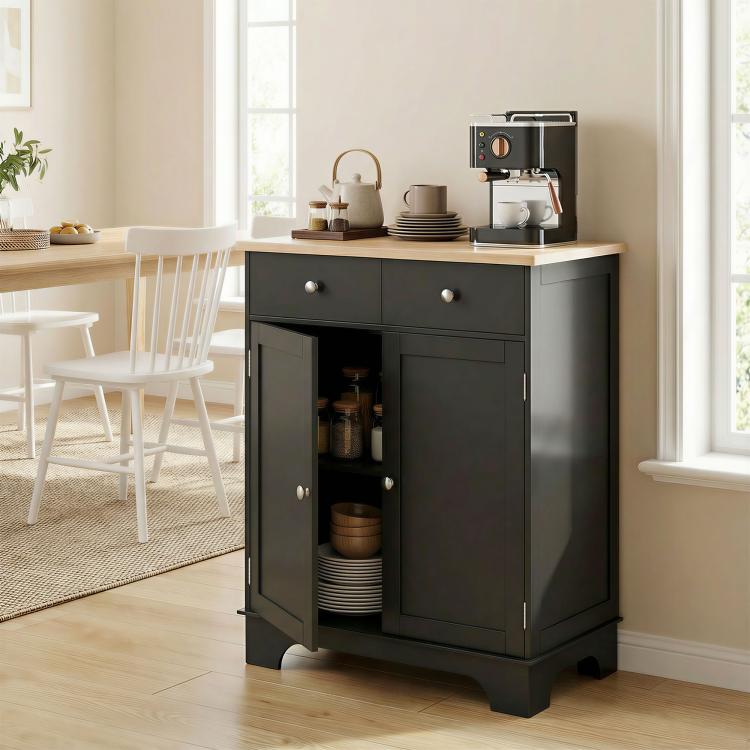 Black kitchen sideboard cabinet with light wood top; doors open for interior shelf storage