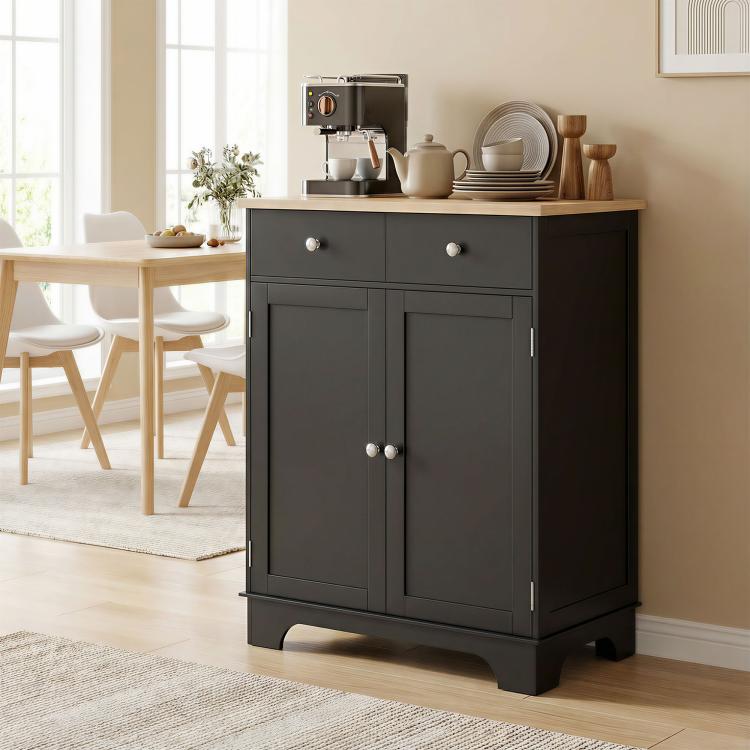Black kitchen storage cabinet with light wood top; two doors and center drawer