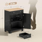 Black floor cabinet with light wood top showing measurements and open interior space