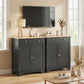 Black kitchen sideboard cabinet with light wood top and multiple cabinet doors