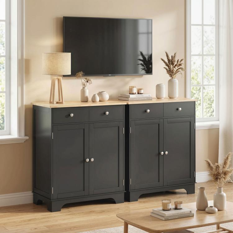 Black kitchen sideboard cabinet with light wood top and multiple cabinet doors