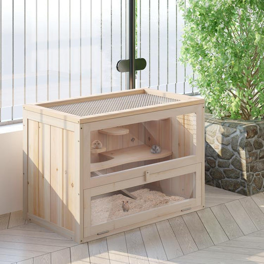 Natural wood small animal habitat with open front door, ramp, and lower bedding level